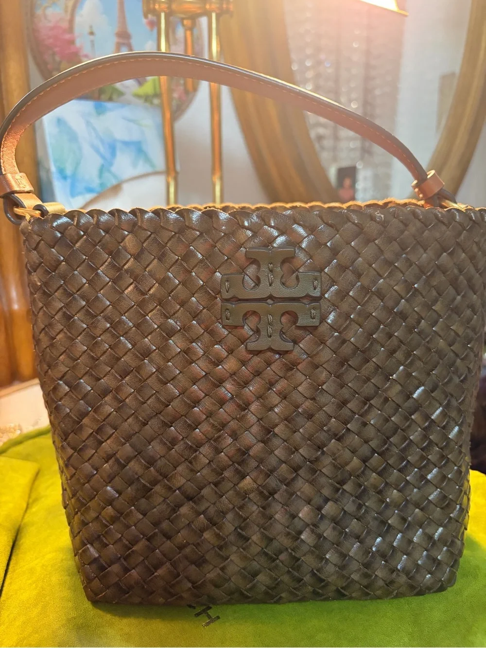 Tory Burch Brown trim Olive Woven Leather GOLD TONE BUCKET BAG